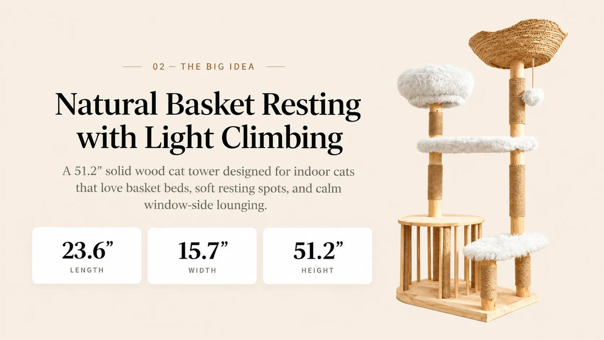 Mewzoom Okra Rattan 51" Modern Cat Tower with Rattan Basket product detail image 2