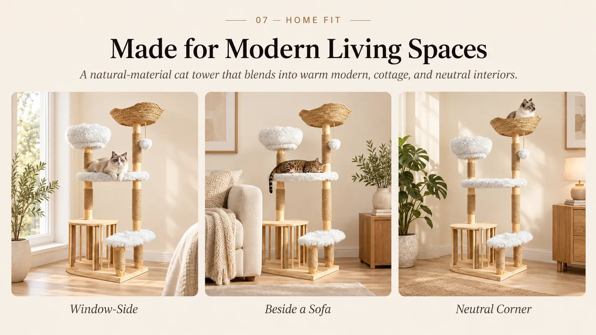 Mewzoom Okra Rattan 51" Modern Cat Tower with Rattan Basket product detail image 7