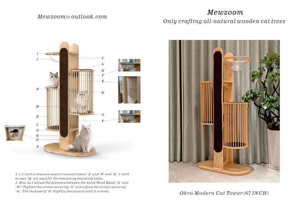 Okra 67" Modern  Cat Tower for Large Adult Cats, Solid Wood