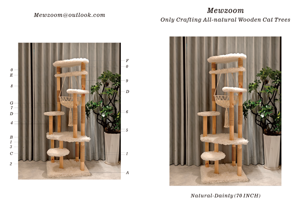 Natural Dainty 70" Modern Cat Tree for Large Adult Cats, Solid Wood Multi-Level Design