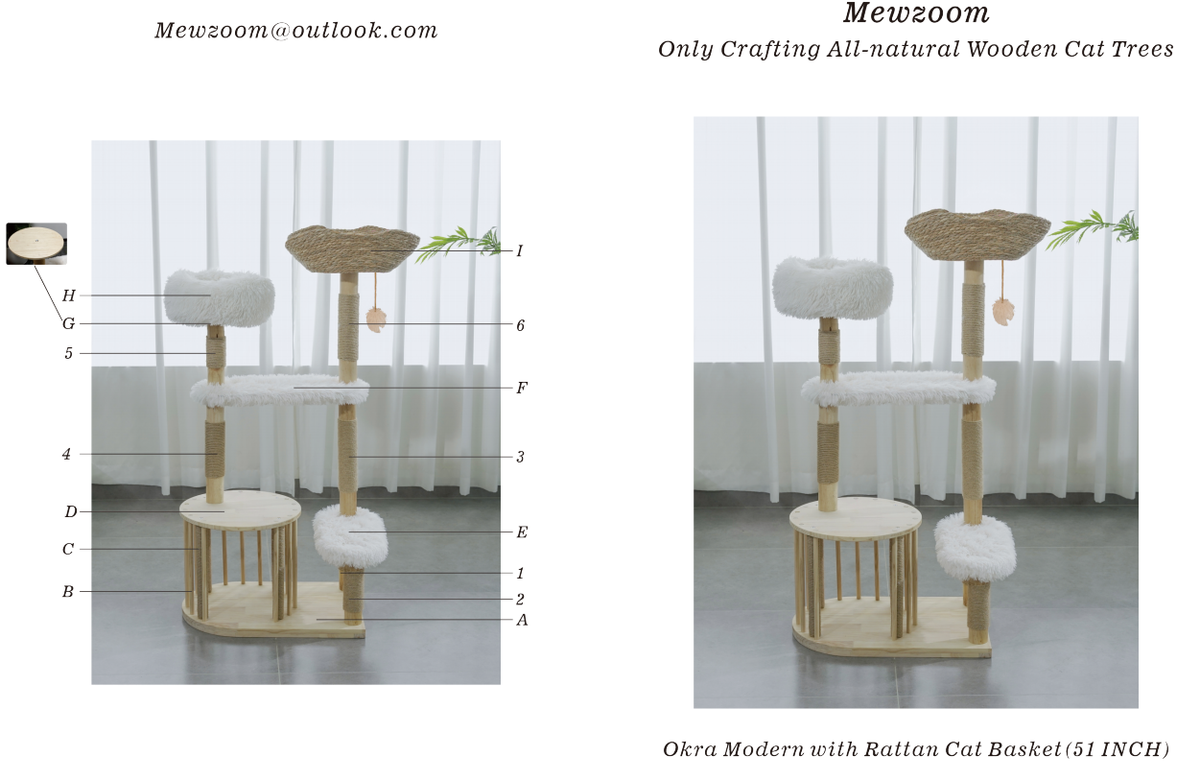 Okra Rattan 51" Modern Cat Tower with Rattan Basket